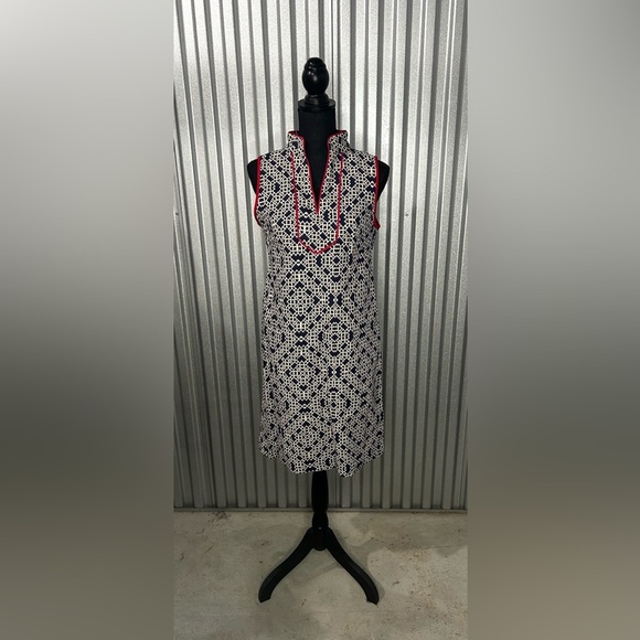 Women’s Eliza J Blue White Geometric Cotton Spandex Designer MIDI Dress Size 6 - Picture 1 of 4